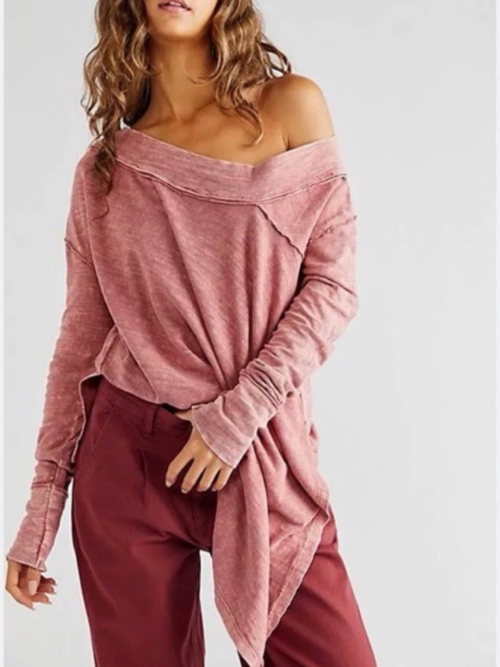 WE THE FREE *FREE PEOPLE* To the Right* Rose Off-Shoulder Lg Sleeve Sweater Sz L